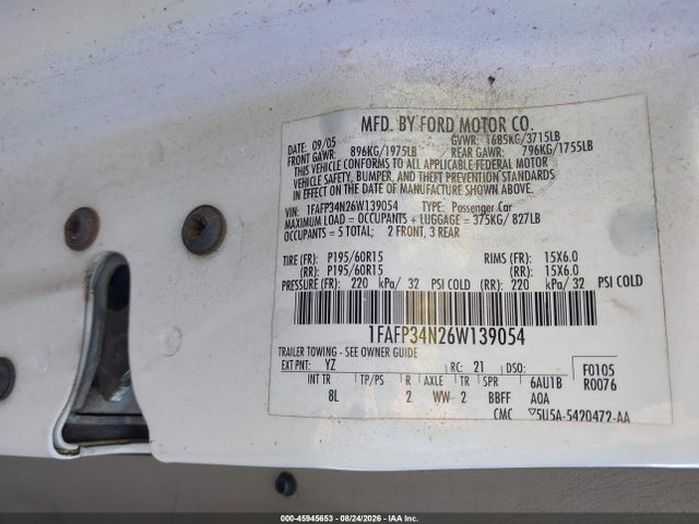 45945653 :رقم المزاد ، 1FAFP34N26W139054 vin ، 2006 Ford Focus Zx4 مزاد بيع
