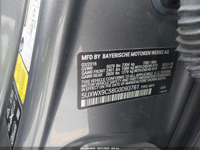 45945655 :رقم المزاد ، 5UXWX9C58G0D93761 vin ، 2016 Bmw X3 Xdrive28i مزاد بيع