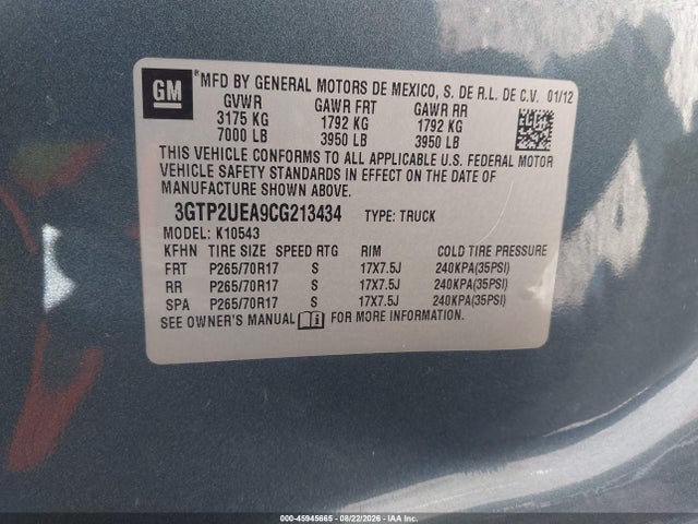 45945665 :رقم المزاد ، 3GTP2UEA9CG213434 vin ، 2012 Gmc Sierra 1500 Sl مزاد بيع