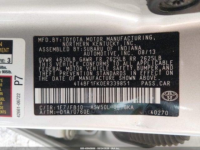 45945666 :رقم المزاد ، 4T4BF1FK0ER339851 vin ، 2014 Toyota Camry Xle مزاد بيع