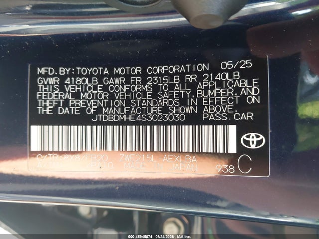 2025 Toyota Corolla Hybrid Le მანქანა იყიდება აუქციონზე, vin: JTDBDMHE4S3023030, აუქციონის ნომერი: 45945674