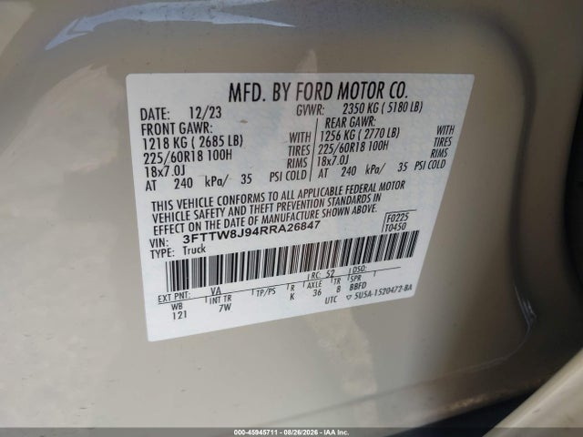 Aukcja sprzedaży 2024 Ford Maverick Xlt, vin: 3FTTW8J94RRA26847, numer aukcji: 45945711