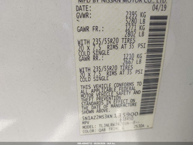Auction sale of the 2019 Nissan Murano Sl, vin: 5N1AZ2MS3KN135900, lot number: 45945712