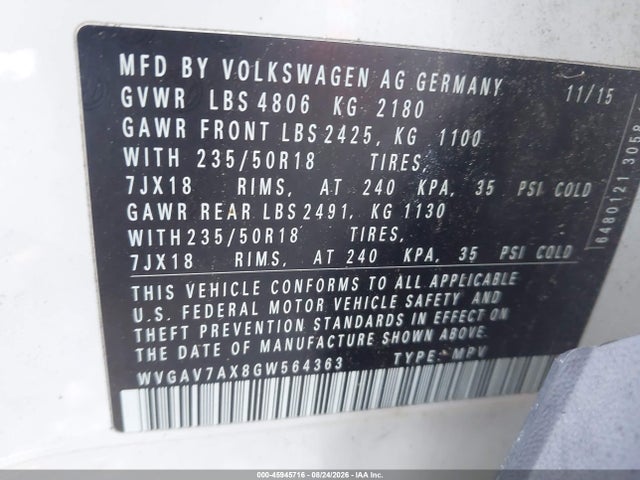 Продаж на аукціоні авто 2016 Volkswagen Tiguan Se, vin: WVGAV7AX8GW564363, номер лоту: 45945716