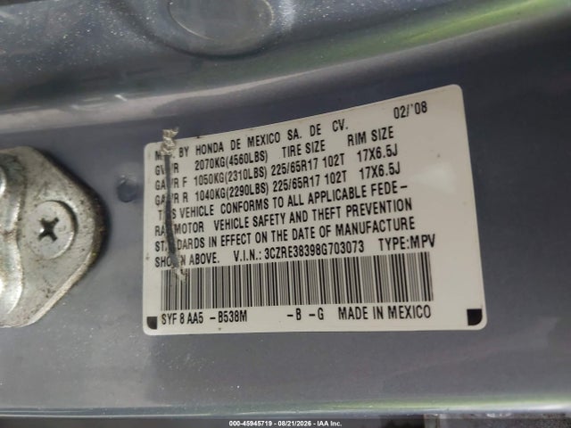 2008 Honda Cr-v Lx მანქანა იყიდება აუქციონზე, vin: 3CZRE38398G703073, აუქციონის ნომერი: 45945719