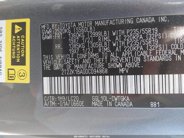 2013 Lexus Rx 350 მანქანა იყიდება აუქციონზე, vin: 2T2ZK1BA0DC094868, აუქციონის ნომერი: 45945721