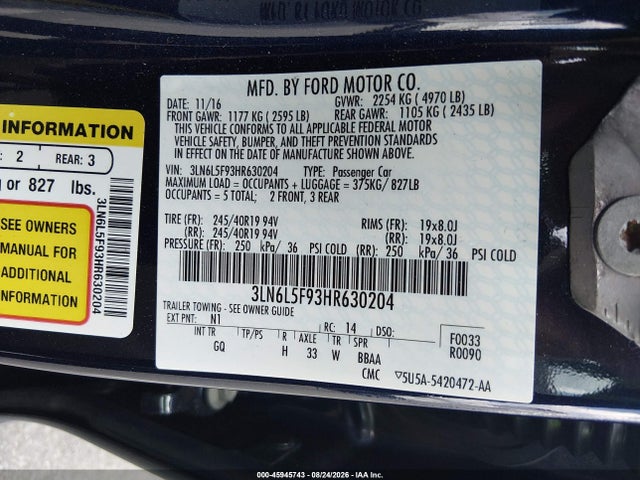 Aukcja sprzedaży 2017 Lincoln Mkz Reserve, vin: 3LN6L5F93HR630204, numer aukcji: 45945743