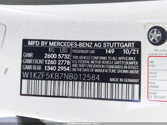 Продажа на аукционе авто 2022 Mercedes-benz E 450 4matic, vin: W1KZF5KB7NB012584, номер лота: 45945756