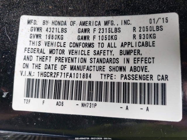 45945759 :رقم المزاد ، 1HGCR2F71FA101894 vin ، 2015 Honda Accord Ex مزاد بيع