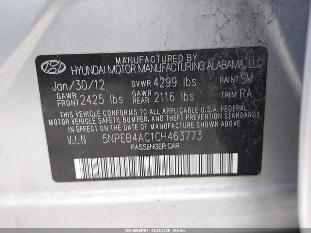Aukcja sprzedaży 2012 Hyundai Sonata Gls, vin: 5NPEB4AC1CH463773, numer aukcji: 45945761