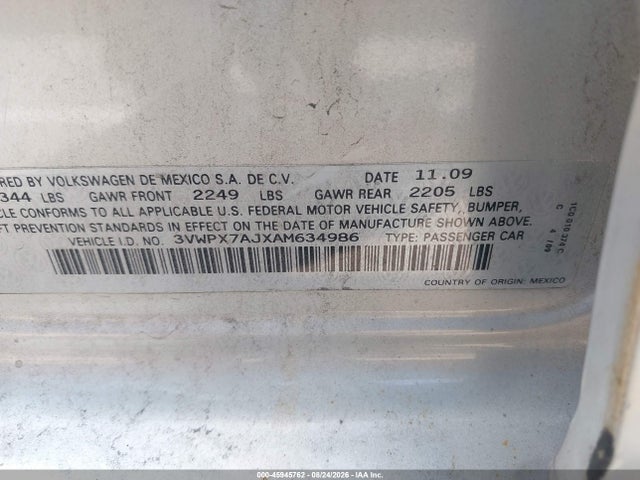 45945762 :رقم المزاد ، 3VWPX7AJXAM634986 vin ، 2010 Volkswagen Jetta Se مزاد بيع