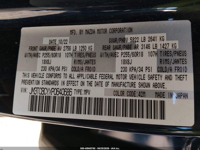 45945765 :رقم المزاد ، JM3TCBCYXP0640686 vin ، 2023 Mazda Cx-9 Touring مزاد بيع