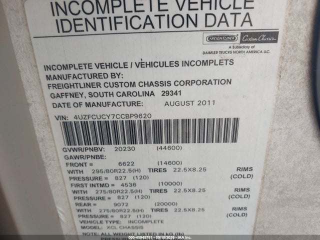 Продажа на аукционе авто 2012 Freightliner Chassis, vin: 4UZFCUCY7CCBP9620, номер лота: 45945781