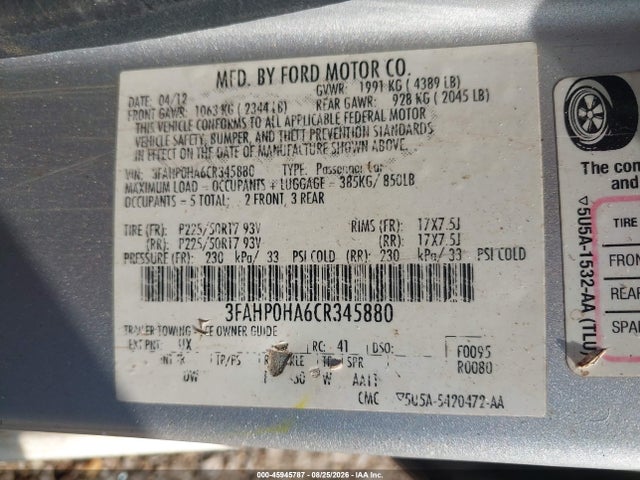 2012 Ford Fusion Se მანქანა იყიდება აუქციონზე, vin: 3FAHP0HA6CR345880, აუქციონის ნომერი: 45945787