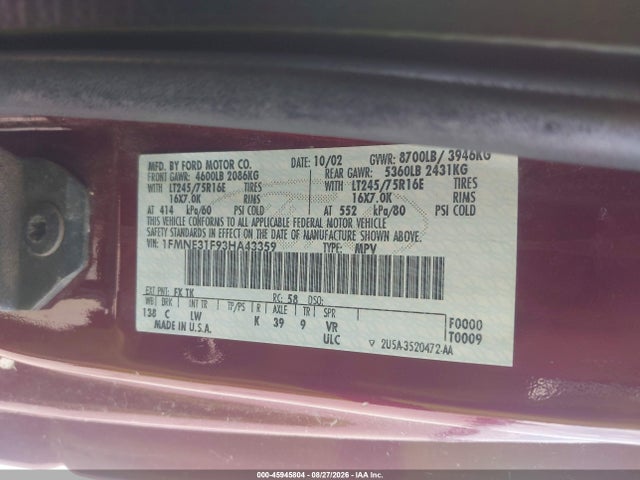 Aukcja sprzedaży 2003 Ford E-350 Super Duty Chateau/xl/xlt, vin: 1FMNE31F93HA43359, numer aukcji: 45945804