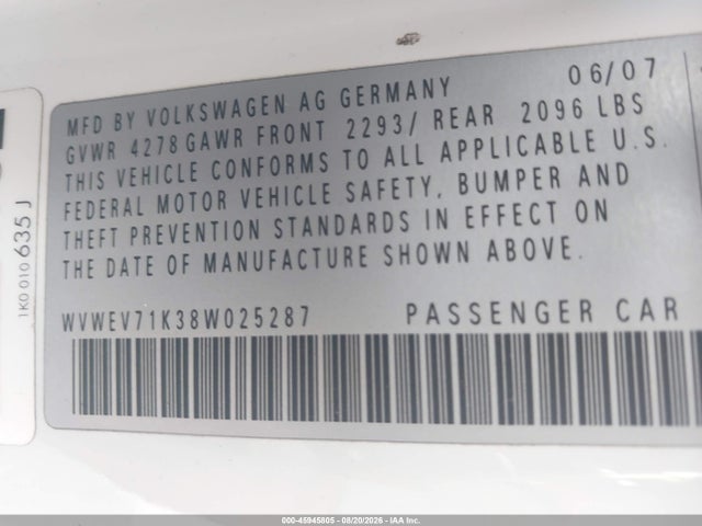 Aukcja sprzedaży 2008 Volkswagen Gti 2-door, vin: WVWEV71K38W025287, numer aukcji: 45945805
