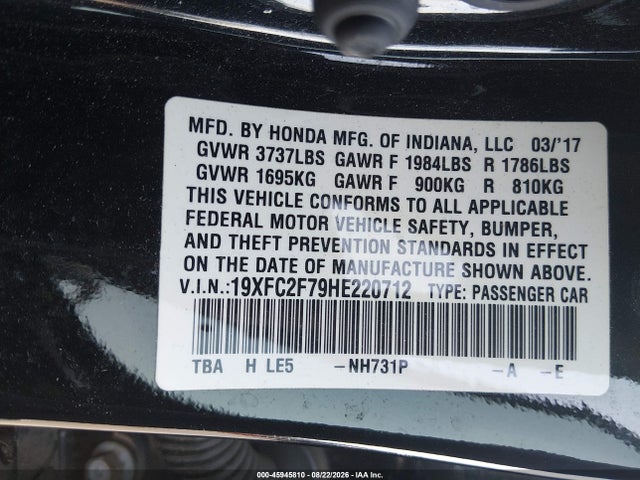 45945810 :رقم المزاد ، 19XFC2F79HE220712 vin ، 2017 Honda Civic Ex مزاد بيع