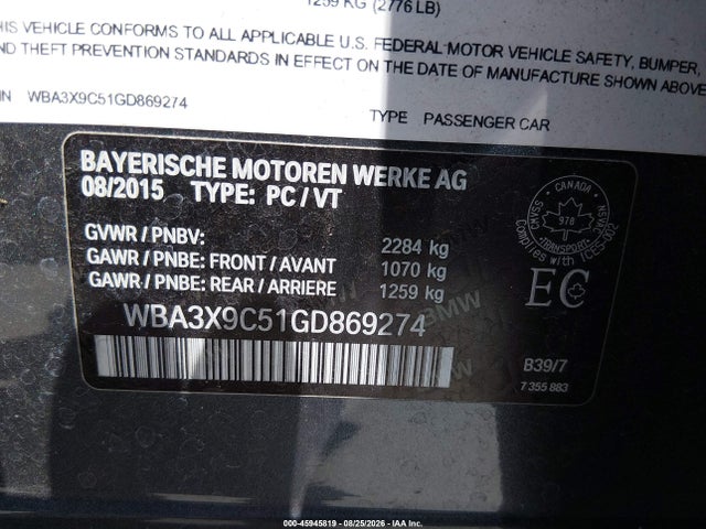 Aukcja sprzedaży 2016 Bmw 335i Gran Turismo Xdrive, vin: WBA3X9C51GD869274, numer aukcji: 45945819