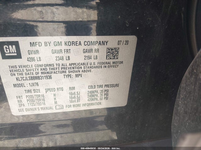 Продажа на аукционе авто 2021 Chevrolet Trax Fwd Lt, vin: KL7CJLSB8MB311936, номер лота: 45945830