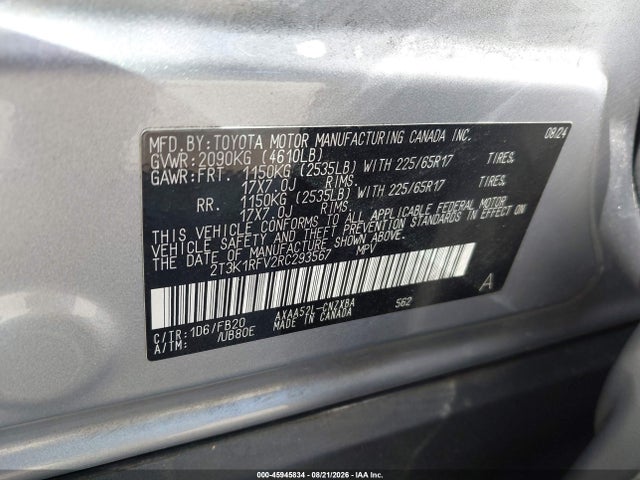 2T3K1RFV2RC293567 Toyota RAV4 LE