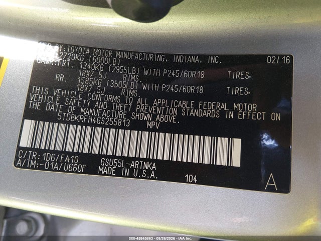 5TDBKRFH4GS255813 Toyota Highlander Le Plus V6