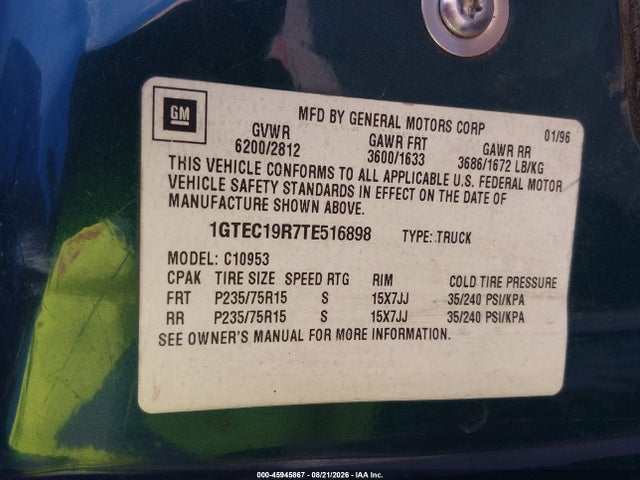 45945867 :رقم المزاد ، 1GTEC19R7TE516898 vin ، 1996 Gmc Sierra C1500 مزاد بيع