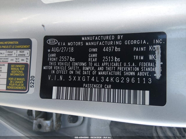 Продаж на аукціоні авто 2019 Kia Optima Lx, vin: 5XXGT4L34KG296113, номер лоту: 45945868