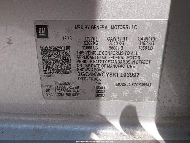 45945909 :رقم المزاد ، 1GC4KWCY8KF193997 vin ، 2019 Chevrolet Silverado 3500hd Lt مزاد بيع