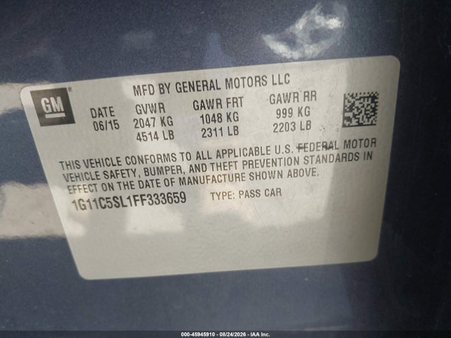 Auction sale of the 2015 Chevrolet Malibu 1lt, vin: 1G11C5SL1FF333659, lot number: 45945910