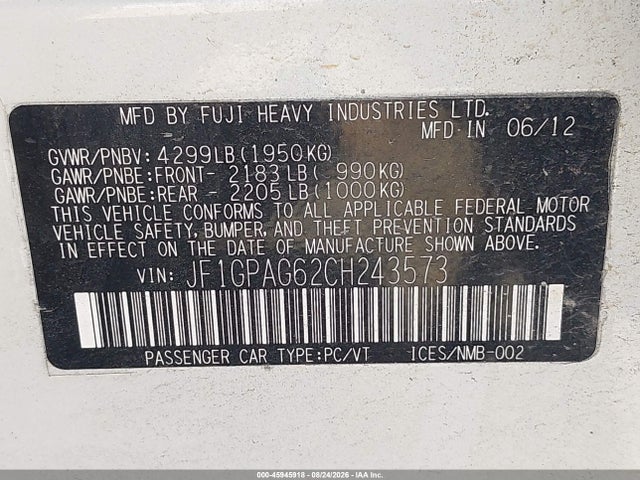 45945918 :رقم المزاد ، JF1GPAG62CH243573 vin ، 2012 Subaru Impreza 2.0i Limited مزاد بيع