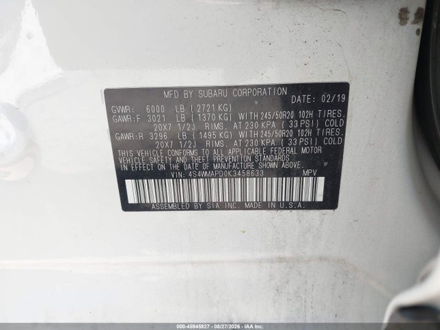 Auction sale of the 2019 Subaru Ascent Limited, vin: 4S4WMAPD0K3458633, lot number: 45945927