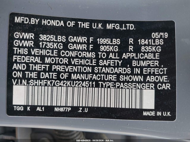 45945928 :رقم المزاد ، SHHFK7G42KU224511 vin ، 2019 Honda Civic Sport مزاد بيع