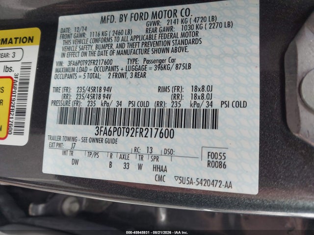 2015 Ford Fusion Se მანქანა იყიდება აუქციონზე, vin: 3FA6P0T92FR217600, აუქციონის ნომერი: 45945931