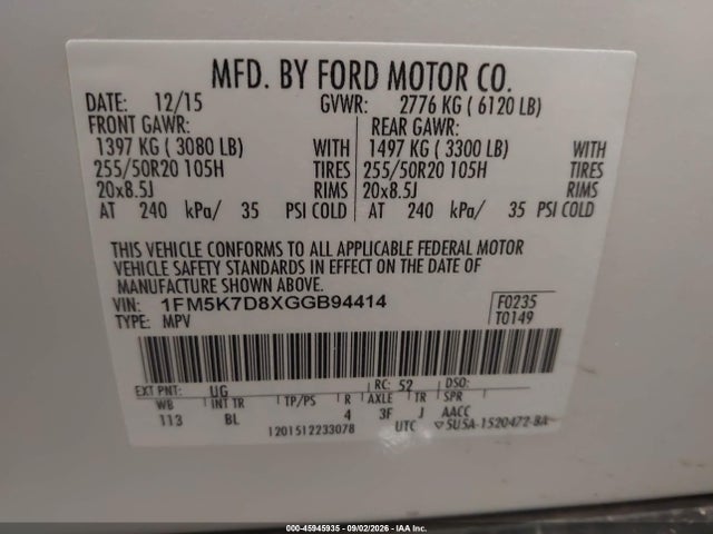 Продаж на аукціоні авто 2016 Ford Explorer Xlt, vin: 1FM5K7D8XGGB94414, номер лоту: 45945935