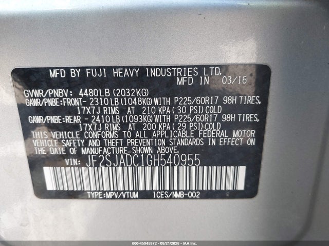Aukcja sprzedaży 2016 Subaru Forester 2.5i Premium, vin: JF2SJADC1GH540955, numer aukcji: 45945972
