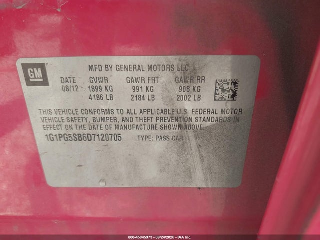 45945973 :رقم المزاد ، 1G1PG5SB6D7120705 vin ، 2013 Chevrolet Cruze Ltz مزاد بيع