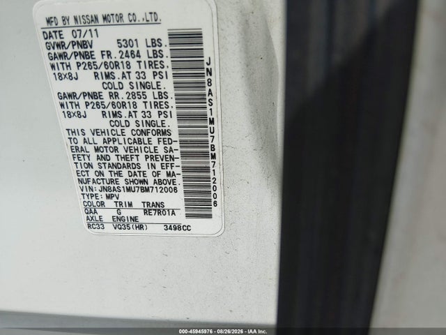 45945976 :رقم المزاد ، JN8AS1MU7BM712006 vin ، 2011 Infiniti Fx35 مزاد بيع