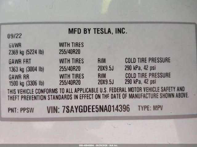 Продаж на аукціоні авто 2022 Tesla Model Y Long Range Dual Motor All-wheel Drive, vin: 7SAYGDEE5NA014396, номер лоту: 45945994