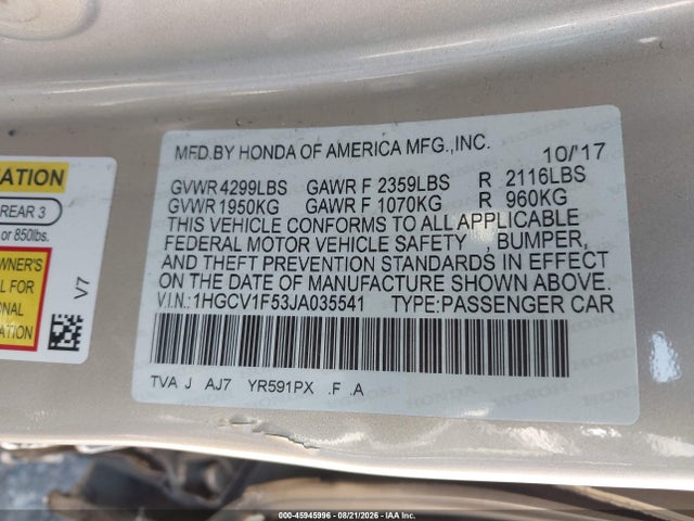 Honda Accord Ex-l 2018 1HGCV1F53JA035541 Image 9