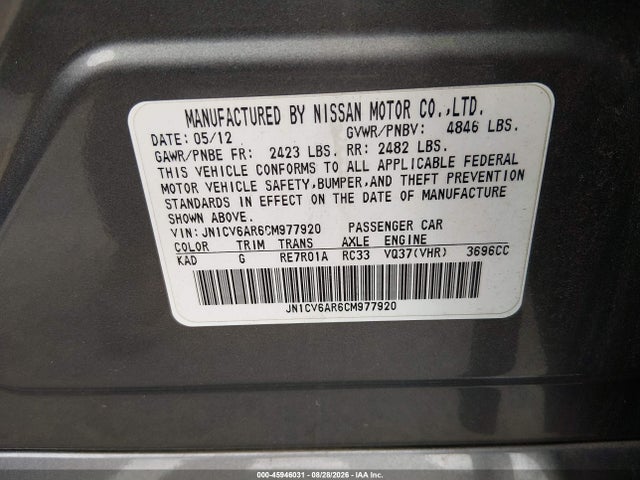 Продаж на аукціоні авто 2012 Infiniti G37x, vin: JN1CV6AR6CM977920, номер лоту: 45946031