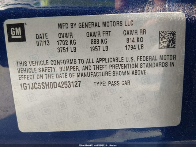 Продажа на аукционе авто 2013 Chevrolet Sonic Lt Auto, vin: 1G1JC5SH0D4253127, номер лота: 45946032