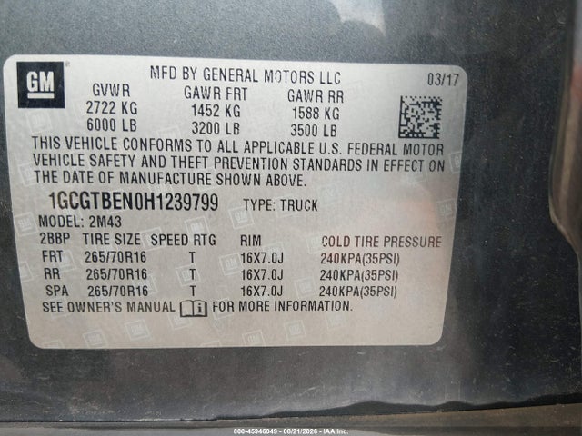 Продаж на аукціоні авто 2017 Chevrolet Colorado 4wd Wt, vin: 1GCGTBEN0H1239799, номер лоту: 45946049
