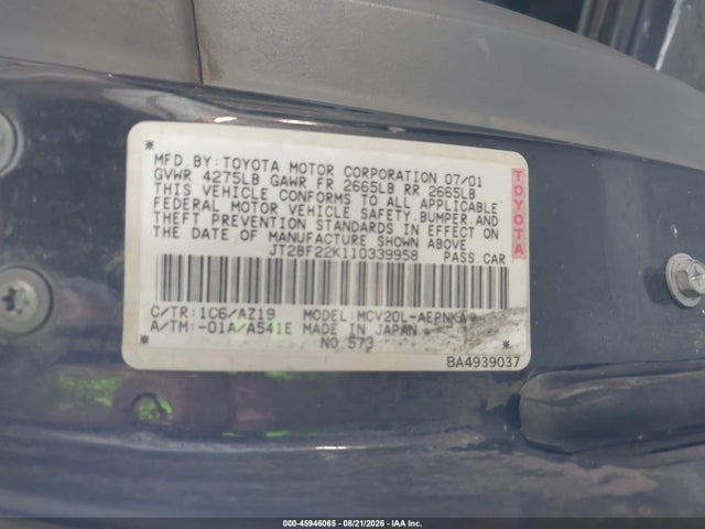 2001 Toyota Camry Le V6 მანქანა იყიდება აუქციონზე, vin: JT2BF22K110339958, აუქციონის ნომერი: 45946065