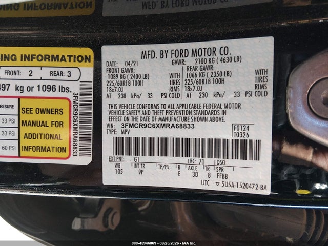 Aukcja sprzedaży 2021 Ford Bronco Sport Outer Banks, vin: 3FMCR9C6XMRA68833, numer aukcji: 45946069