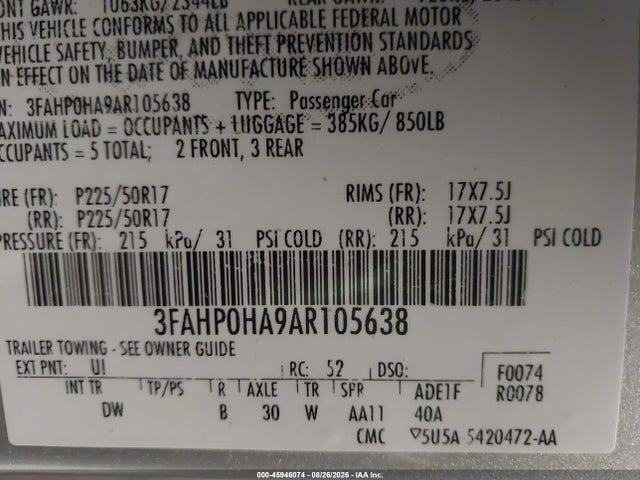Aukcja sprzedaży 2010 Ford Fusion Se, vin: 3FAHP0HA9AR105638, numer aukcji: 45946074
