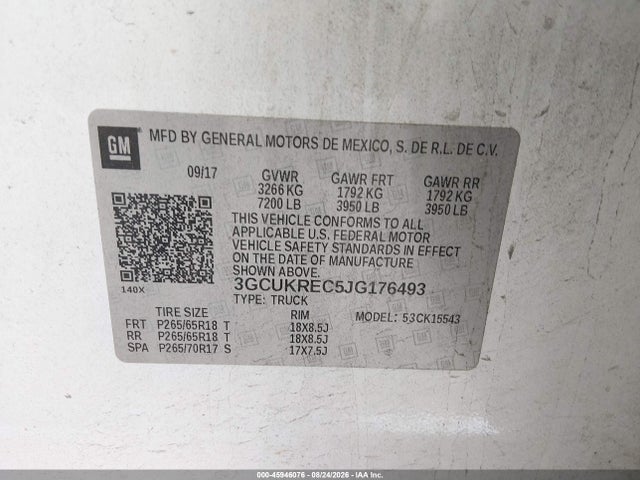 Aukcja sprzedaży 2018 Chevrolet Silverado 1500 1lt, vin: 3GCUKREC5JG176493, numer aukcji: 45946076