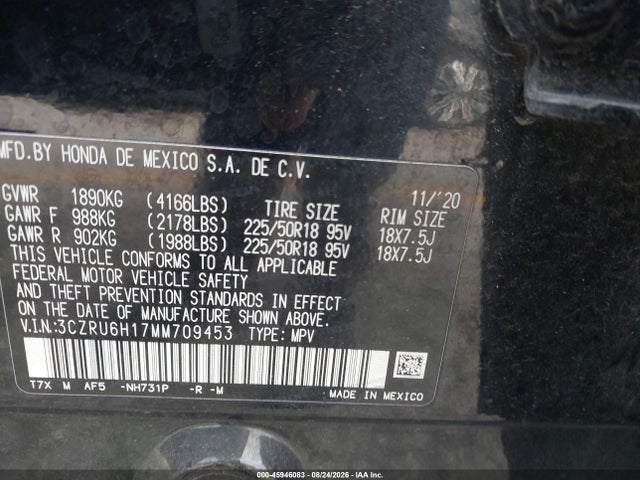 Продаж на аукціоні авто 2021 Honda Hr-v Awd Sport, vin: 3CZRU6H17MM709453, номер лоту: 45946083