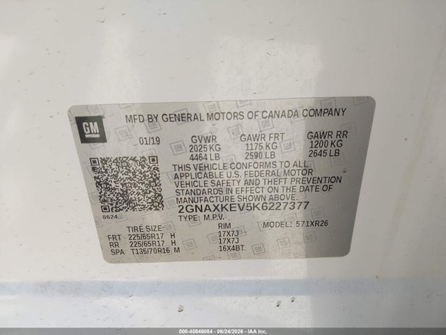 45946084 :رقم المزاد ، 2GNAXKEV5K6227377 vin ، 2019 Chevrolet Equinox Lt مزاد بيع
