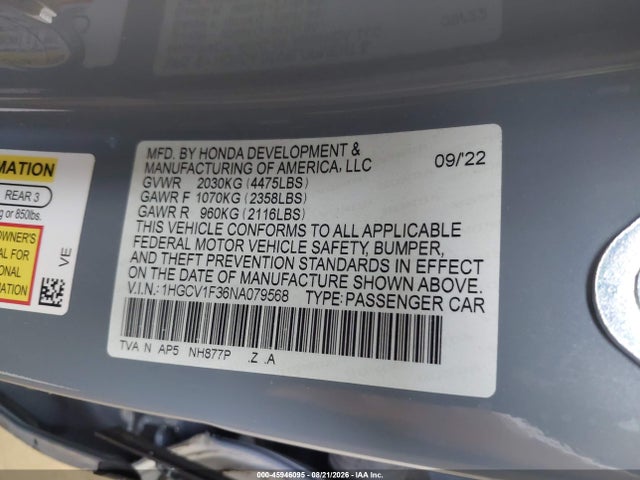45946095 :رقم المزاد ، 1HGCV1F36NA079568 vin ، 2022 Honda Accord Sport مزاد بيع