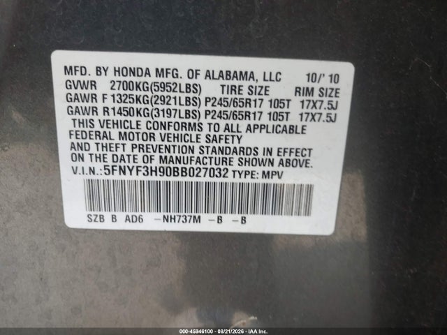 45946100 :رقم المزاد ، 5FNYF3H90BB027032 vin ، 2011 Honda Pilot Touring مزاد بيع
